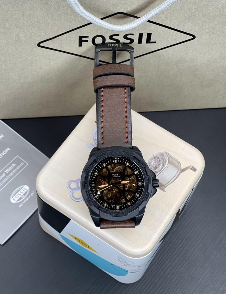 “Fossil Bronson ME3219 Automatic Men’s Watch with Skeleton Dial and Brown Leather Strap”