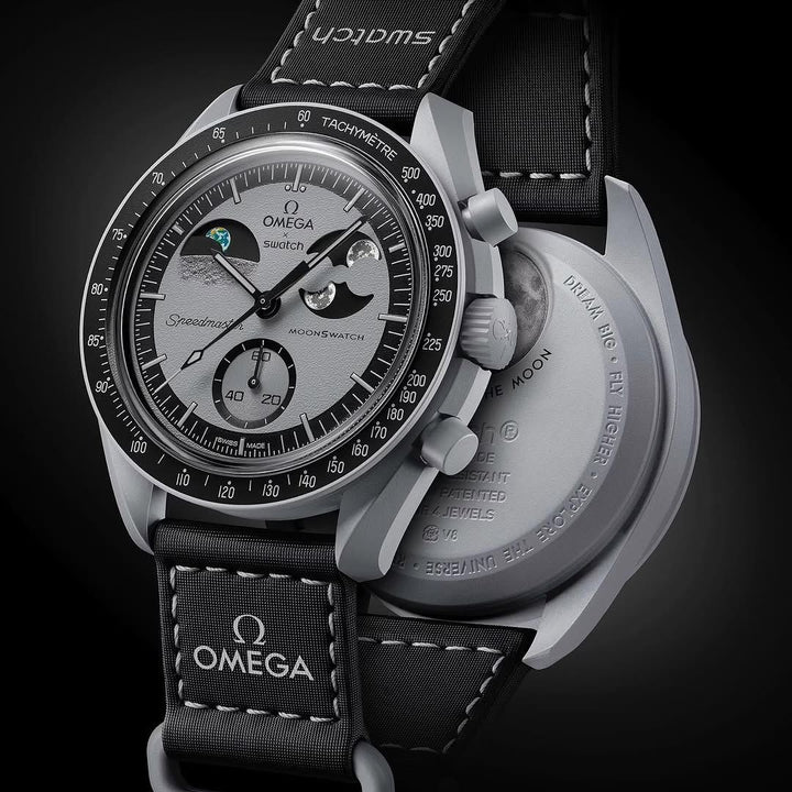 Omega watch with detailed face and black strap on a dark background